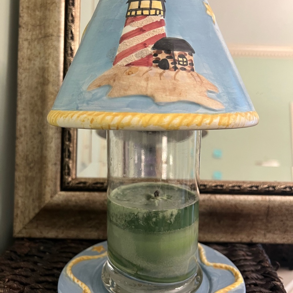 Nautical Candle Holder Plate with Lighthouse Topper Shade